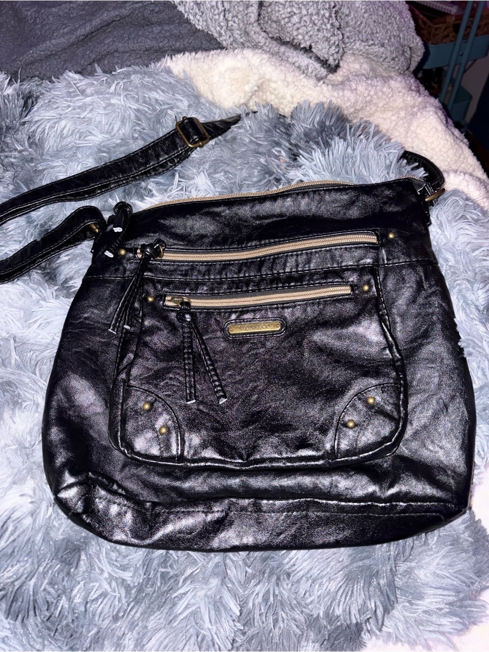 Black Leather-Look Crossbody Bag with Gold Hardware